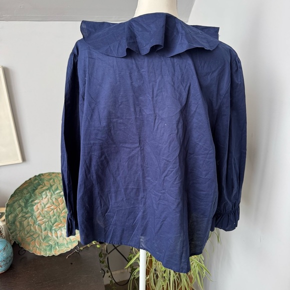 Lauren Ralph Lauren Navy Ruffle Collar Pearl Button Cotton Blouse size 2XL‎ - Picture 4 of 5